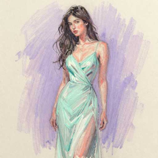 This image features a detailed drawing of a woman with long, wavy brown hair cascading down to her chest. She is depicted wearing a light blue dress with a single strap over her left shoulder, while the right shoulder remains bare. The dress has a low neckline and a high slit on the right side, revealing her leg. Her arms hang naturally by her sides, and her head is slightly tilted to the left, with her gaze directed towards the viewer. The background is a soft, light purple hue, adding a gentle contrast to the overall composition.