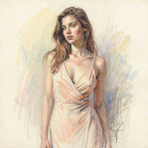 This image is a detailed painting of a young woman, likely in her early 20s, with long, wavy brown hair that cascades over her right shoulder. She has a fair complexion with a slight tan, and her face is adorned with red lipstick and subtle blush on her cheeks. Her blue eyes gaze directly at the viewer, giving a sense of connection. She is dressed in a sleeveless, low-cut dress that appears to be a blend of white and peach hues, with a sash tied at her waist. The background is a soft, off-white color, accentuated by abstract brushstrokes in shades of yellow, blue, and gray, which add a dynamic and artistic flair to the composition. The painting is signed in the bottom right corner, though the signature is not legible.