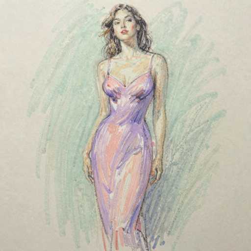 The image depicts a detailed drawing of a woman with long, wavy brown hair that cascades down to her shoulders. She is dressed in a form-fitting, sleeveless dress that features a sweetheart neckline and thin straps. The dress is predominantly purple with accents of pink, particularly around the bust and waist area. The woman's arms are positioned at her sides, with her hands resting near her hips. She has a fair complexion, and her lips are painted a vibrant red. Her head is slightly tilted to the left, and she gazes directly ahead. The background of the drawing is a light gray, with a greenish hue that adds depth to the overall composition.