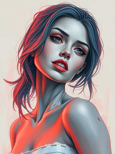 The image depicts a woman with long hair and blue eyes wearing a white dress against a light pink background. The woman is looking directly at the camera with an expression of curiosity or interest.