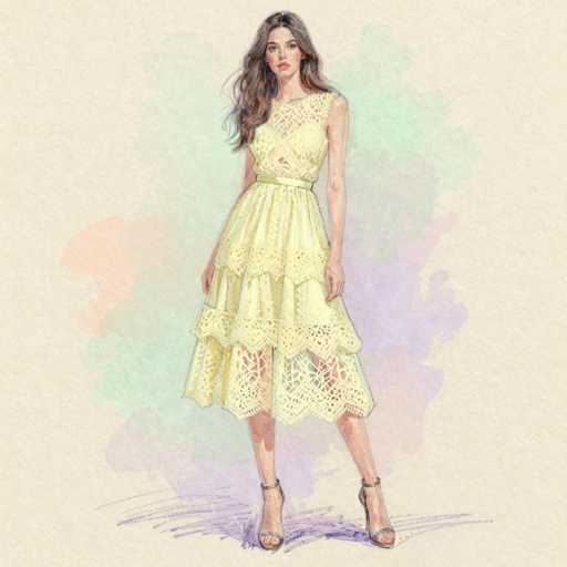The image depicts a detailed watercolor painting of a young woman, likely in her late teens or early twenties, with long, wavy brown hair that cascades over her shoulders. She is dressed in a sleeveless, yellow dress that features intricate lace and cutouts, particularly around the chest area, and is cinched at the waist with a thin belt. The dress flares out slightly at the bottom, revealing her legs, and she is wearing high-heeled sandals. The background is a soft blend of pastel colors, including shades of green, purple, and pink, creating a dreamy, ethereal atmosphere. The woman stands with her legs slightly apart, gazing directly at the viewer with a neutral expression, her hands resting by her sides. The overall composition is centered, with the woman occupying the majority of the frame, and the painting exudes a delicate, almost surreal quality.