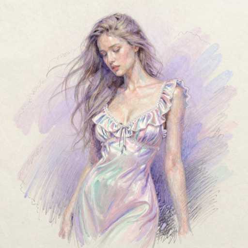 This image is a detailed watercolor painting of a young woman, likely in her late teens or early twenties. She has long, wavy blonde hair that cascades down to her waist, with some strands flowing in the wind. Her eyes are closed, and she has a serene, almost dreamy expression on her face, with her head tilted slightly to the left. She is wearing a shiny, silk nightgown that is low-cut and adorned with ruffles at the shoulders and around the neckline. The nightgown features a bow tied at the center of her chest, and it has a subtle sheen with hints of pink, blue, and purple. The background is a blend of soft watercolor hues, primarily purples, blues, and pinks, with some black shading at the bottom, creating a dreamy and ethereal atmosphere. The woman's arms are relaxed at her sides, and the overall composition of the painting exudes a sense of tranquility and grace.