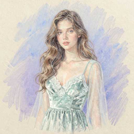 This image features a detailed drawing of a young woman, likely in her late teens or early 20s. She has long, wavy brown hair that cascades down to her chest, with some strands tucked behind her ears. Her complexion is fair, and she has a slight blush on her cheeks. Her eyes are a striking blue, and her lips are a soft pink. She is wearing a light green, sleeveless dress adorned with white lace around the bust and down the front. The dress has a low neckline and a ruffled hem that ends just above her knees. Over the dress, she wears a sheer, white shawl that drapes elegantly over her arms. The background of the drawing is a soft, light tan color, with a blue, watercolor-like effect that adds depth and texture behind her figure. The overall style of the drawing is realistic, capturing fine details of her features and attire.