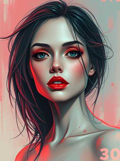 The image shows a close-up portrait of a woman with long dark hair and striking red lipstick. The background is a gradient of pink and white colors that creates a soft glow around the subject's face. The artist has used a realistic style to depict the woman's features in great detail, capturing her facial expressions and the contours of her face.