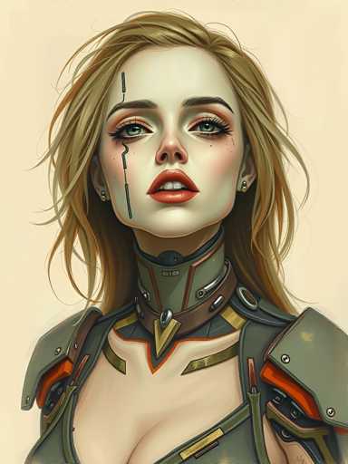 The image depicts a woman with blonde hair and green eyes wearing a futuristic outfit that includes a helmet and armor. The background is a light beige color, providing a neutral backdrop for the woman's striking appearance.