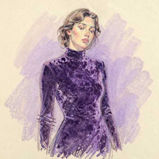 This image features a detailed watercolor painting of a woman with short, curly brown hair that falls just below her ears. She is depicted wearing a purple dress with a high neckline and long sleeves, which appears to be made of a velvety material. The dress is cinched at the waist with a thin belt, and the bottom of the dress is cut off at the waist in the painting. The woman has a serious expression, with her head slightly tilted to the right, and she is looking directly at the viewer. The background is a light tan color, with a purple, cloud-like shape behind her, adding depth to the composition. The overall style of the painting is somewhat cartoonish, with a focus on the woman's face and upper body.