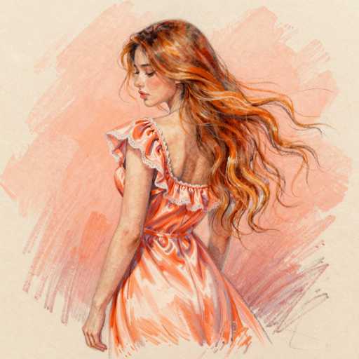 The image depicts a detailed painting of a young woman with long, wavy red hair that cascades down her back. She is dressed in a sleeveless, orange dress that features a low back and a small white collar. The dress is adorned with white lace detailing around the shoulders and a thin white belt that cinches her waist. The woman is positioned with her back towards the viewer, but her head is turned to the left, gazing down with her eyes closed and her lips slightly parted. The background is a soft blend of light pink and white, with the pink becoming more prominent towards the center, creating a gentle gradient effect. The overall composition is square, with the woman occupying the central portion of the painting.