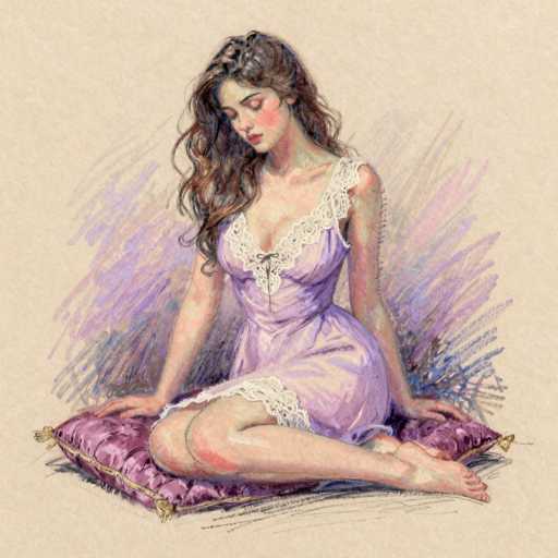 This image is a detailed watercolor painting of a young woman, likely in her late teens or early twenties, seated on a purple pillow with gold tassels. She has long, wavy brown hair that cascades over her right shoulder and down to her waist. Her head is tilted downward, and she appears to be looking at the ground, giving her a contemplative expression. Her eyes are closed, and she has pink blush on her cheeks and red lipstick. She is wearing a light purple nightgown adorned with white lace around the neckline, shoulders, and hem. The nightgown features a bow tie at the center of her chest. Her bare feet are visible, and she is seated with her legs crossed, one leg tucked under the other. The background of the painting is a light tan color, with streaks of purple, blue, and pink adding a subtle, ethereal quality to the scene.