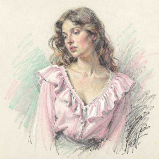 This image features a detailed drawing of a woman with long, wavy brown hair that cascades down to her shoulders. She is depicted with a pensive expression, her head slightly tilted to the left, and her eyes looking downward. Her lips are slightly parted, revealing a hint of her teeth. She is dressed in a pink, ruffled dress with a V-neck adorned with white buttons and a white trim around the neckline. The dress has a frilly, off-shoulder design, and the sleeves are long and flowing. The background is a light beige color, with artistic smudges of green, pink, and black, adding depth and texture to the overall composition.