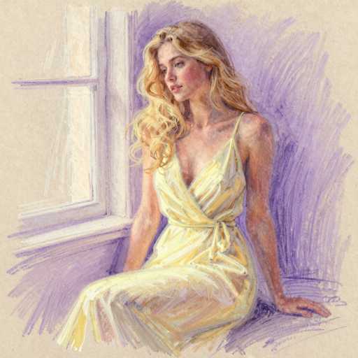 This image is a detailed colored pencil drawing of a young woman with long, wavy blonde hair cascading over her shoulders. She is seated on the floor in front of a white-framed window, with her body facing the viewer and her head turned to the left. The woman is wearing a yellow, one-shoulder dress that ties at the waist and features a deep V-neckline. Her left arm is resting on the floor beside her, while her right arm is positioned behind her. The background is a blend of purple and white hues, with the wall behind her painted in a light purple shade. The window to her left allows light to filter through, casting a gentle glow on the scene. The overall composition captures a serene and contemplative moment, with the woman's expression and posture conveying a sense of quiet introspection.