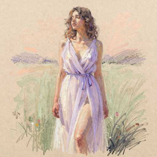 The image depicts a detailed painting of a woman standing in a field of tall grass. She is wearing a light purple, sleeveless dress that is tied at the waist with a sash, and the dress has a low neckline. The woman has long, wavy brown hair that falls to her shoulders, and she is looking off to the left with her eyes closed, giving her a serene expression. Her left leg is slightly bent, and her arms rest by her sides. The background features a light brown sky with hints of pink and purple, suggesting a sunset, and there are mountains visible in the distance. The grass around her is a mix of green and brown, with some flowers scattered throughout. The overall style of the painting is somewhat abstract, with a focus on the woman as the central figure.