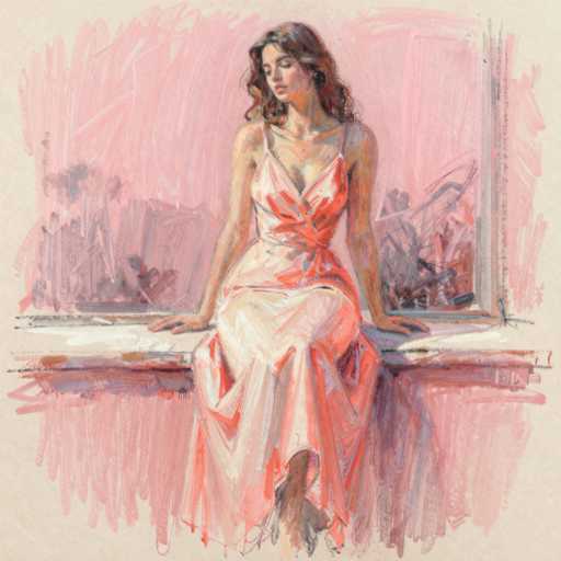 The image depicts a detailed painting of a woman seated on a windowsill. She is wearing a dress that features a blend of pink and white hues, with the pink more prominent on the right side. The dress has a low neckline and thin straps, and it appears to be tied at the waist. The woman's long, wavy brown hair cascades down her back, and she has her eyes closed, with her head slightly tilted to the left. Her hands are resting on the windowsill, and her legs are crossed, with one leg positioned in front of the other. The windowsill is white, and the window behind her is framed in white, with a white windowsill. The background outside the window is painted in shades of pink, with hints of blue and gray, creating a soft, dreamy atmosphere. The overall composition of the painting is square, with the woman centrally positioned, occupying most of the height of the image.