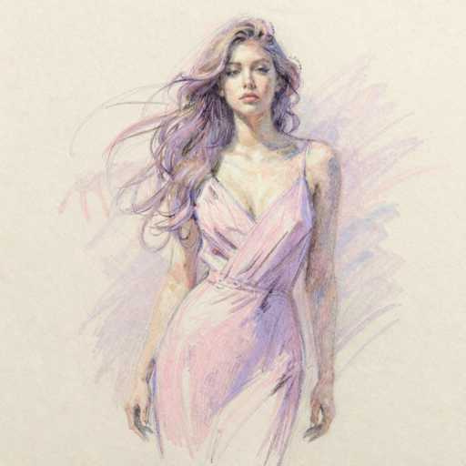 This image features a detailed drawing of a woman with long, wavy hair that cascades down to her waist. Her hair, a blend of blonde and purple hues, adds a vibrant touch to the artwork. She is dressed in a pink dress that has a unique design, with one strap over her shoulder and the other strap crossing her chest. The dress is cinched at the waist with a belt, accentuating her figure. The woman's face is adorned with makeup, including lipstick and eye shadow, and she gazes directly at the viewer with a neutral expression. Her arms hang naturally by her sides, and her hands are slightly curled. The background is a soft, light pink, complementing the overall delicate and elegant aesthetic of the drawing.