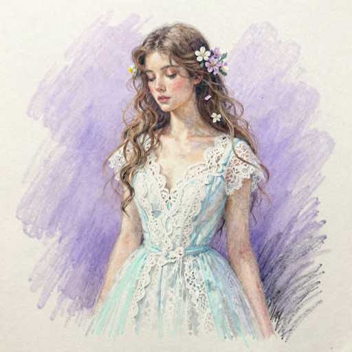 The image depicts a detailed painting of a young woman with long, wavy brown hair adorned with a variety of flowers. Her hair cascades down to her waist, with some strands falling over her shoulders and others behind her back. She is wearing a light blue, lacy dress with short sleeves and a deep V-neckline, cinched at the waist with a matching blue belt. The woman's eyes are closed, and she has a serene expression, her head slightly tilted downward. Her face is framed by a mix of white, yellow, and purple flowers, with additional yellow flowers on the left side of her head. The background features a gradient of purple hues, transitioning from light to dark, with a darker purple smudge in the bottom right corner. The overall composition is set against a light gray or beige backdrop, enhancing the delicate and ethereal quality of the painting.