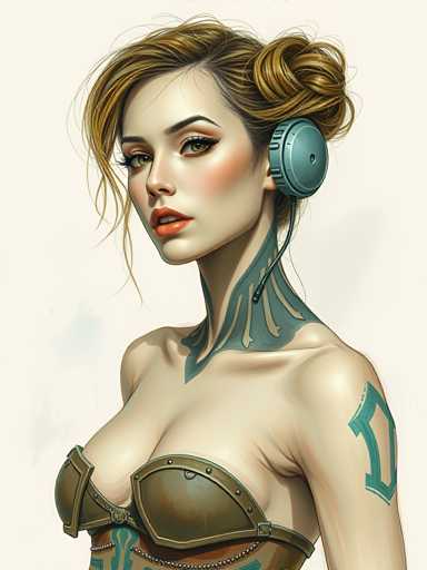 The image depicts a woman with blonde hair and bright green eyes wearing a bikini top and headphones. She is standing against a white background, which contrasts with her vibrant attire. The woman's face is turned towards the camera, giving us a clear view of her features.