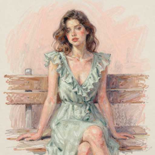 This image is a detailed watercolor painting of a young woman, likely in her early 20s, seated on a wooden bench. The woman has long, wavy brown hair that cascades down to her shoulders, with a slight reddish tint. She is wearing a light green dress with a deep V-neck that ties at the waist, and the dress features ruffled sleeves and a ruffled hem. Her arms are outstretched, with her hands resting on the bench, and her legs are crossed, with her right leg over her left. She has a serious expression, with her gaze directed slightly downward, and her lips are painted a light pink. The background is a soft blend of pink and gray hues, with visible brush strokes adding texture to the scene. The overall composition captures a serene and contemplative moment.