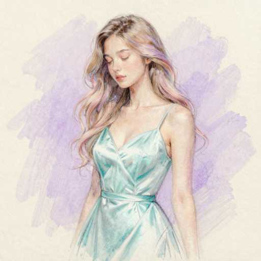 This image is a detailed watercolor painting of a young woman, likely in her late teens or early twenties. She has long, wavy hair that transitions from a light blonde at the roots to a pinkish hue at the ends. Her eyes are closed, and she has a serene expression with her head slightly tilted to the left. She is wearing a shiny, light blue dress with thin straps and a sash around her waist, which accentuates her slender figure. The background features a soft, light purple watercolor wash that complements the delicate and ethereal quality of the painting. The overall composition is square, with the woman positioned centrally, giving the piece a balanced and harmonious feel.