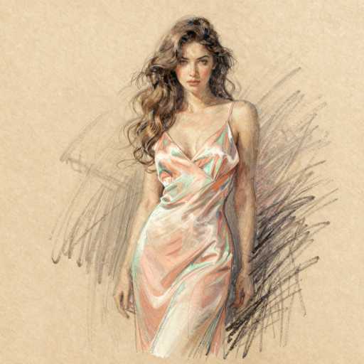 This image features a detailed drawing of a woman with long, wavy brown hair that cascades down to her chest. She is depicted wearing a shiny, sleeveless dress that is low-cut in the front, revealing some cleavage. The dress is a blend of pink, peach, and white hues, with a distinctive V-shaped design at the top. The woman has a serious expression, with her head slightly tilted to the right, and she gazes directly at the viewer. Her arms hang straight down by her sides, and her legs are together. The background is a light brown or tan color, and behind her, there are black and gray scribbles that add depth to the image. The overall style of the drawing is somewhat realistic, capturing the woman's features and attire with a lifelike quality.