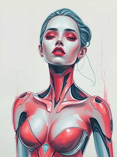 The image depicts a woman with blue hair and red lipstick standing against a white background. The woman is wearing a red bodysuit that has a metallic sheen, giving it an futuristic appearance. The painting style is abstract, characterized by bold colors and geometric shapes.