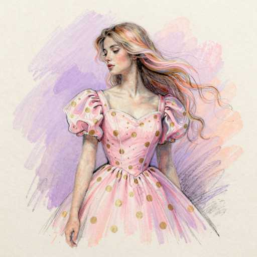 This image features a detailed drawing of a young woman, likely in her late teens or early twenties, with long, wavy hair that cascades down her back. Her hair is a blend of blonde and pink hues, with subtle streaks of blue and orange. She has a fair complexion with a slight tan, and her eyes are closed as she gazes downward to the left. Her lips are painted a soft pink, and she has a slight blush on her cheeks.

The woman is dressed in a pink ball gown adorned with gold polka dots. The dress has a V-neckline and puffy sleeves that taper down to her elbows. The bodice of the dress is form-fitting, accentuating her figure, and it flares out into a full skirt. The background of the drawing is a blend of soft, pastel colors, including shades of purple, pink, and blue, creating a dreamy and ethereal atmosphere. The overall style of the drawing is reminiscent of colored pencil art, with a delicate and whimsical quality.