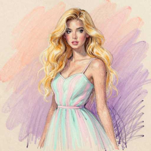 This image is a detailed, colored pencil drawing of a young woman, likely in her late teens or early twenties. She has long, wavy blonde hair that cascades down to her waist, with a slight part on the left side. Her complexion is fair, and she has striking blue eyes accentuated by black eyeliner. Her lips are slightly parted, revealing her top teeth, and she has a subtle blush on her cheeks. She is dressed in a sleeveless dress with thin straps, featuring vertical stripes in shades of pink, light blue, and white. The dress cinches at her waist with a pink belt. The background is a blend of soft pastel colors, transitioning from peach at the top to purple at the bottom, with a light brown or beige hue surrounding the edges. The overall effect is a delicate and vibrant portrayal of the young woman.