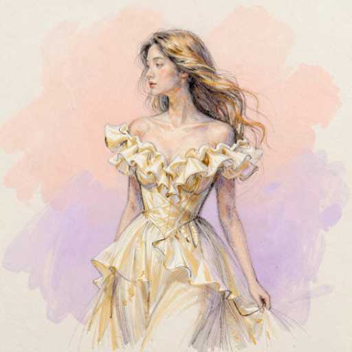 This image is a detailed watercolor painting of a young woman, possibly of Asian descent, with long, wavy hair that transitions from black to blonde. She is depicted in a side profile, gazing to the left, with her head slightly tilted. The woman is wearing an elaborate, off-the-shoulder yellow dress adorned with ruffles and a corset-like bodice. The dress features a low neckline and a voluminous skirt that flares out at the bottom, with her left hand holding it gently. The background is a blend of soft pink and purple hues, creating a dreamy atmosphere. The overall composition is square, with the woman's figure centered and occupying most of the frame.