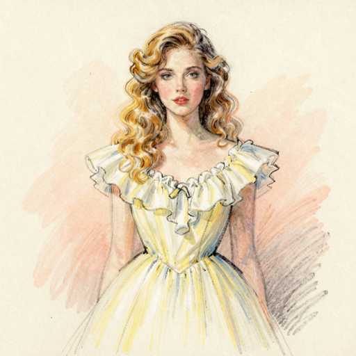 A delicate, hand-drawn illustration of a woman in a yellow and white ruffled dress. The style is reminiscent of a vintage fashion sketch, with soft, flowing lines and subtle watercolor-like washes of color. The woman has long, wavy blonde hair and a gentle expression, looking directly at the viewer with soft eyes. The dress features a fitted bodice with ruffled detailing and a full skirt, creating an elegant silhouette. The background is a pale beige, providing a neutral backdrop for the figure and dress.