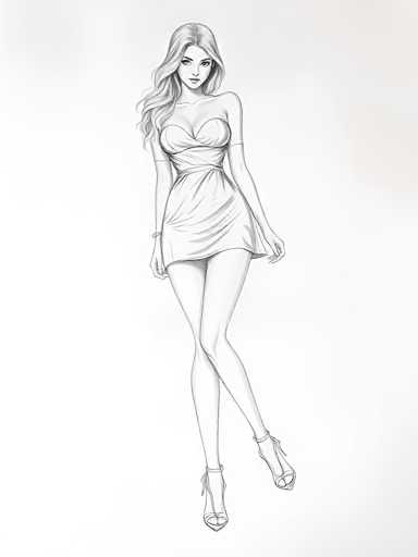 This black and white sketch depicts a woman with long, wavy hair cascading down to her chest. She is dressed in a short, strapless dress that accentuates her cleavage and features a ruffled design at the bottom. The dress is held up by thin straps that go over her shoulders. Her arms are positioned at her sides, with her hands slightly bent at the elbows. She is wearing high-heeled shoes that have a strap around the ankle and a bow on the toe. The woman's legs are crossed, with her right leg over her left. She gazes directly at the viewer, her expression neutral. The background is a light gray, providing a subtle contrast to the detailed black and white drawing.