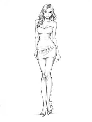 A black and white line drawing depicting a woman with long hair wearing a strapless dress and high heels. The woman is standing on one leg with her arms crossed over her chest.