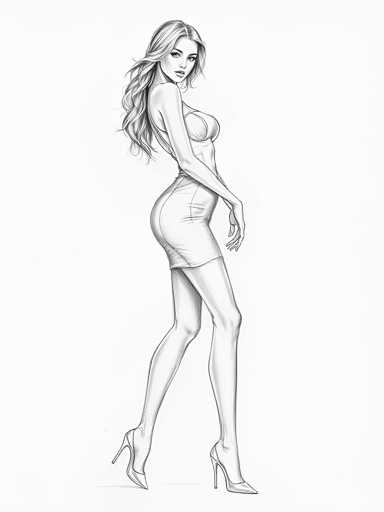 A black and white line drawing depicting a woman with long blonde hair wearing a short dress and high heels. The woman is standing on one leg with her arms crossed over her chest, facing to the right side of the image.