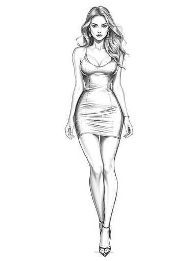 This black and white pencil sketch depicts a young woman, likely in her 20s, with long, wavy hair that cascades down to her chest. She is dressed in a tight-fitting, low-cut dress that accentuates her figure, ending just above her knees. The dress features a single strap over her right shoulder and a double strap over her left shoulder. Her arms hang naturally by her sides, adorned with bracelets on both wrists. She is wearing high-heeled shoes, with her left foot slightly in front of her right, and her toes are visible. The woman's face is characterized by large eyes, a small nose, and full lips, with her gaze directed straight at the viewer. The background is entirely white, emphasizing the detailed and realistic style of the sketch.