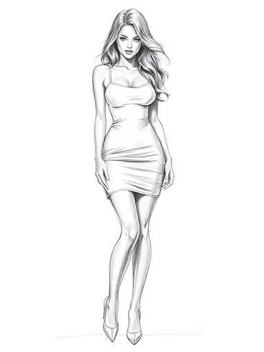This black and white sketch depicts a slender woman with long, wavy hair cascading over her left shoulder. She is dressed in a form-fitting dress that accentuates her curves, featuring a single strap over her right shoulder and a low-cut neckline. The dress is short, ending just above her knees, and she pairs it with high-heeled shoes. Her hands rest gently on her thighs, and she gazes directly at the viewer with a neutral expression. The background is stark white, emphasizing the detailed shading and line work that define her figure.