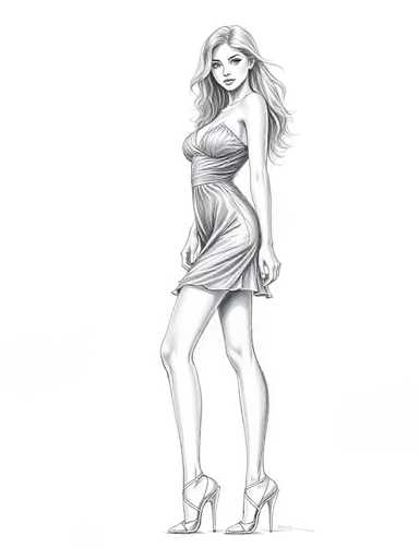 This black and white pencil drawing depicts a young woman, likely in her late teens or early twenties, with long, wavy hair that cascades down to her waist. She is dressed in a form-fitting, strapless dress that accentuates her figure, ending just above her knees. The dress features a ruffled design at the bottom, adding a touch of elegance. She is wearing high-heeled shoes, with her left leg slightly bent and her right leg straight, creating a poised stance. The woman's head is turned to the right, her gaze directed towards the viewer, with her lips slightly parted. Her hands rest gently on her hips, and the overall composition of the drawing is simple yet striking, with no background elements to distract from the central figure.