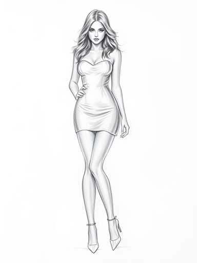 A black and white line drawing depicting a woman with long hair wearing a strapless dress and high heels.