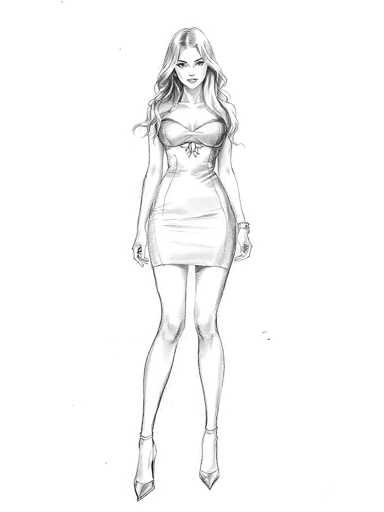 This black and white pencil sketch depicts a young woman, likely in her 20s, with long, wavy hair that cascades past her shoulders. She is dressed in a tight-fitting, short mini dress that accentuates her figure, particularly her large chest and curvy hips. The dress features a bustier top with a bow detail at the center, and it flares slightly at the bottom. Her arms hang naturally by her sides, adorned with bracelets on her left wrist. She is wearing high-heeled shoes with pointed toes, and her legs are slightly apart. The woman's face is characterized by large eyes, a small nose, and a thin mouth, with a slight smile. The background is entirely white, emphasizing the detailed and realistic style of the sketch.