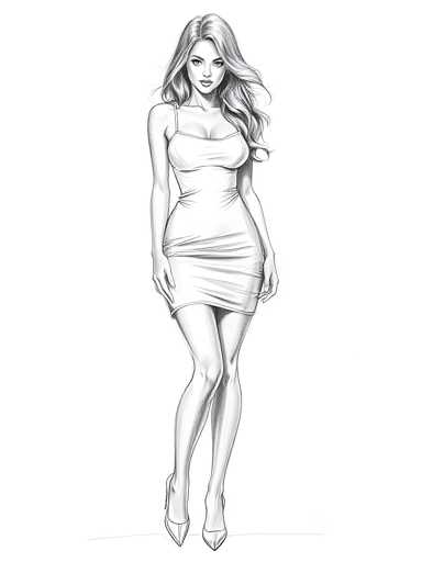 A black and white line drawing depicting a woman wearing a strapless dress with a halter neckline and high slit on the left side of her body. The woman is standing upright with her legs slightly apart and her arms resting at her sides.