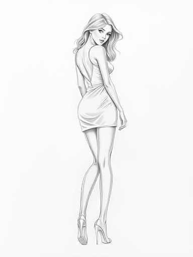 The image is a detailed black and white sketch of a woman, likely created using pencil or charcoal. She stands with her back to the viewer, her head turned over her right shoulder, gazing directly at us. Her long, wavy hair cascades down to her shoulders, with a slight part on the right side. She is dressed in a short, backless white dress that accentuates her figure, particularly her large buttocks. The dress is sleeveless and features a slit on the left side, revealing her leg. She wears high-heeled shoes, with her right foot slightly raised off the ground. The background is entirely white, emphasizing the intricate details of her pose and attire.