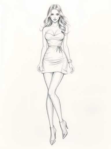 This black and white pencil sketch depicts a young woman with long, wavy hair cascading past her shoulders. She is dressed in a strapless, short dress that accentuates her curvy figure, featuring a fitted waist and a bow tie at the waist. The dress is knee-length, and she pairs it with high-heeled boots that have pointed toes. Her arms are relaxed at her sides, and she wears a watch on her left wrist. The woman's expression is neutral, with her eyes looking slightly downward. The background is a light gray, providing a subtle contrast to the detailed rendering of her figure.