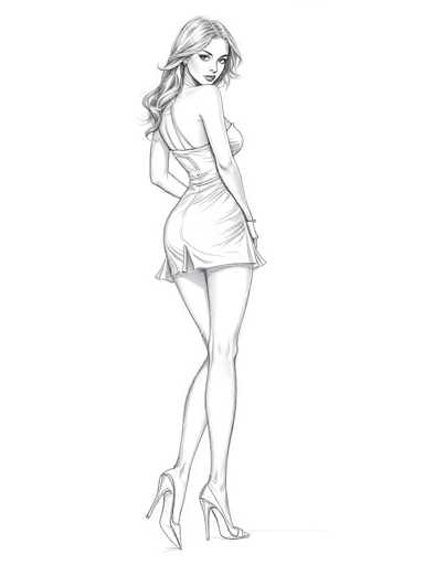 This black and white pencil sketch depicts a woman standing with her back to the viewer, her head turned over her right shoulder, gazing directly at the camera. She has long, wavy hair cascading down to her waist, with a slight part on the left side. Her attire is a form-fitting, sleeveless dress that reaches mid-thigh, featuring thin straps over her shoulders and a back cutout. The dress accentuates her figure, particularly her pronounced buttocks. She is wearing high-heeled shoes, with her right leg slightly bent and crossed in front of her left leg. Her right arm is bent at the elbow, with her hand resting on her hip, while her left arm hangs straight down by her side. The sketch is set against a plain white background, emphasizing the detailed linework of the woman's pose and attire.
