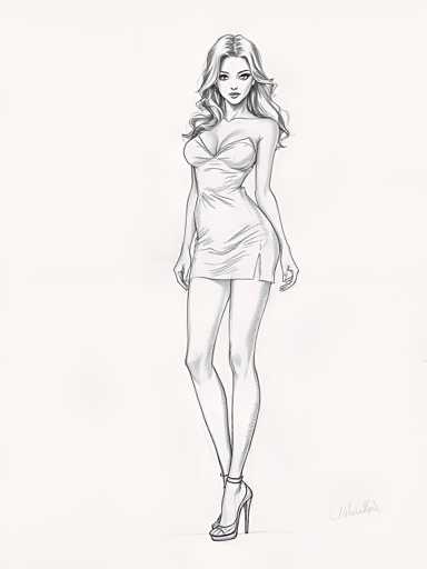 A black and white line drawing depicting a woman with long hair wearing a strapless dress and high heels.