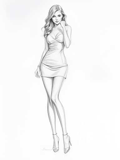 This black and white pencil drawing depicts a slender woman with long, wavy hair that cascades over her right shoulder. She is dressed in a form-fitting, sleeveless dress that accentuates her figure, with a high slit on the left side revealing her leg. The dress, which appears to be made of a stretchy material, features a ruffled detail at the top and a band around the waist. She is wearing high-heeled shoes with ankle straps, and her right leg is slightly bent while her left leg remains straight. Her left arm is raised, with her hand near her face, and her right arm rests by her side. The woman's head is tilted slightly to the left, and she gazes directly at the viewer with a serious expression. The background is entirely white, and there is a small, illegible signature at the bottom of the drawing.