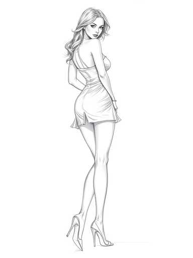 A black and white line drawing depicting a woman with long hair wearing a short dress and high heels against a plain white background.