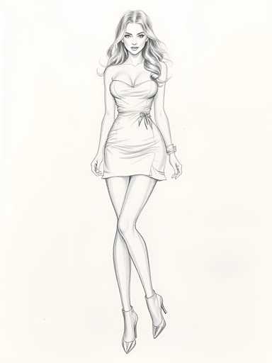 A black and white line drawing depicting a woman with long blonde hair wearing a strapless dress and high heels.