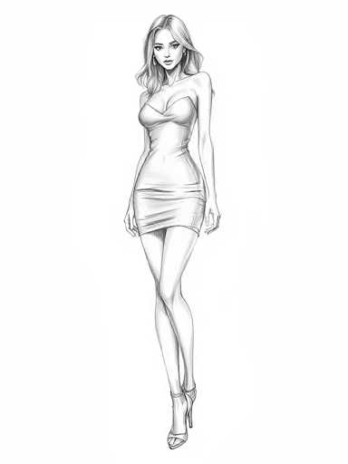 This black and white sketch depicts a slender woman with long, wavy hair that cascades down to her shoulders. She is dressed in a form-fitting, strapless dress that accentuates her figure, ending just above her knees. The dress features a sweetheart neckline and is complemented by high-heeled shoes with ankle straps. The woman's arms rest naturally at her sides, and she gazes directly at the viewer with a neutral expression. Her eyes are dark, and she wears earrings, adding to her elegant appearance. The background is entirely white, emphasizing the detailed and realistic style of the drawing.