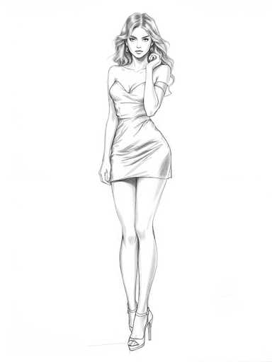 This black and white pencil sketch depicts a young woman, likely in her 20s, with long, wavy hair that cascades down to her waist. She is dressed in a tight-fitting, short dress that accentuates her curvy figure, particularly her large breasts and wide hips. The dress features a single strap over her left shoulder, leaving her right shoulder bare, and it ends just above her knees. Her left hand is raised to her face, with her elbow bent, while her right hand rests by her side. She is wearing high-heeled shoes with straps over the toes and ankles. The woman's facial features include dark eyebrows, and she is adorned with earrings. The background is entirely white, emphasizing the detailed and realistic style of the sketch.