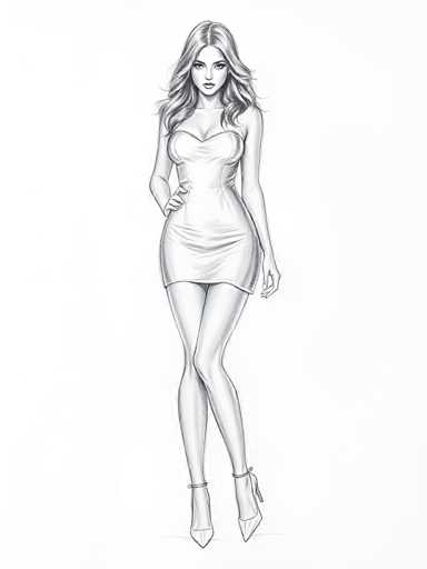 This black and white pencil drawing depicts a young woman, likely in her early 20s, with long, wavy hair that cascades past her shoulders. She has a slender build and is dressed in a tight-fitting, strapless dress that accentuates her figure, ending just above her knees. The dress features a sweetheart neckline and is form-fitting, highlighting her chest, waist, hips, and legs. She is wearing high-heeled shoes with straps around her ankles and pointed toes. The woman stands with her left arm hanging straight down by her side, while her right arm is bent at the elbow, with her hand resting on her hip. She gazes directly at the viewer with a serious expression, her lips closed. The background is entirely white, emphasizing the detailed and realistic style of the drawing.