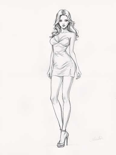 This black and white pencil sketch depicts a tall, slender woman with long, wavy hair cascading past her shoulders. She is dressed in a strapless, short dress that accentuates her figure, ending just above her knees. The dress features a ruffled texture and is form-fitting, highlighting her chest and hips. She stands confidently, with her hands resting by her sides, and her legs slightly crossed, one foot adorned with a high-heeled shoe that has a strap around her ankle. Her facial features include large eyes, a small nose, and full lips, giving her a striking appearance. The background is a light gray, and the artist's signature is located in the bottom right corner, though it is somewhat difficult to decipher.