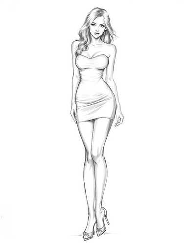 This black and white sketch depicts a slender woman with long, wavy hair cascading past her shoulders. She is dressed in a form-fitting, strapless dress that accentuates her figure, ending just above her knees. The dress features a sweetheart neckline, revealing a hint of cleavage. Her arms hang naturally by her sides, with her hands slightly clenched. She is wearing high-heeled sandals, with her left foot positioned slightly in front of her right. The woman's face is adorned with a subtle smile, and she gazes directly at the viewer. The background is stark white, emphasizing the detailed linework of the sketch.