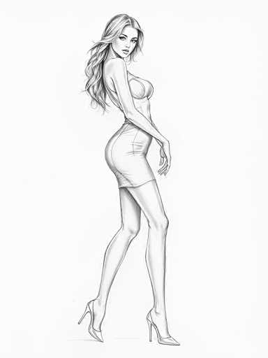 This black and white pencil sketch depicts a slender woman with long, wavy blonde hair cascading down her back. She is standing in a provocative pose, facing to the right with her head turned over her right shoulder, gazing directly at the viewer. Her attire is a very short, tight-fitting dress that barely covers her bottom, paired with a matching bra. She is wearing high-heeled shoes, and her legs are slightly apart, with her right leg positioned forward. The woman's left arm is bent at the elbow, with her hand resting on her left thigh, while her right arm hangs straight down. The drawing is set against a plain white background, emphasizing the detailed shading and intricate linework that define her figure.