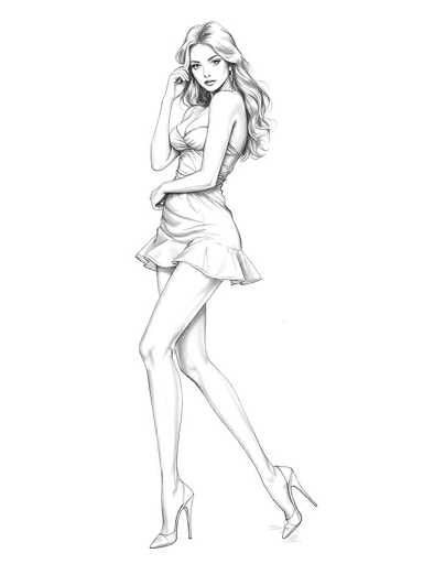 This black and white pencil sketch depicts a slender woman with long, wavy hair cascading down her back. She is dressed in a short, strapless dress that falls just above her knees, revealing her bare legs. The woman is wearing high heels, with her left leg slightly bent and her right leg straight. Her right arm is bent at the elbow, with her hand near her face, while her left arm is positioned in front of her waist. She has a serious expression, with her head turned slightly to the left, and she is adorned with earrings. The background is plain white, emphasizing the detailed and delicate nature of the sketch.